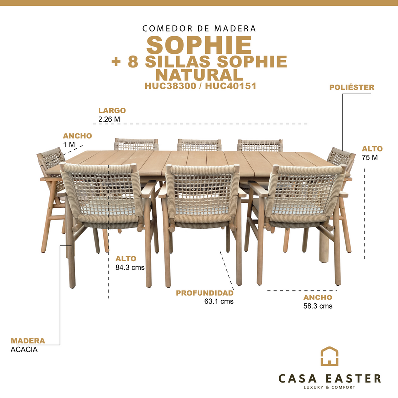 Cargue la imagen en el visor de la galería, Comedor de Madera 2.26 SOPHIE + 8 Sillas SOPHIE