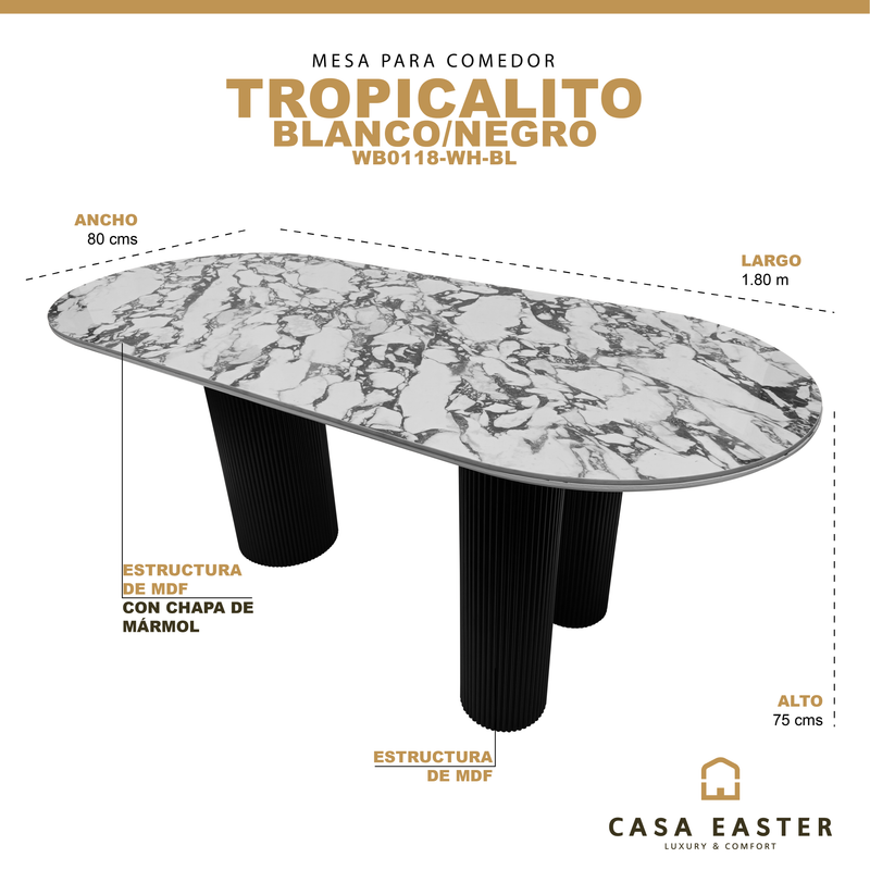 Cargue la imagen en el visor de la galería, Mesa de Comedor 1.8 M color Blanco/ negro marmoleada Tropicalito - WB0118-WH-BL