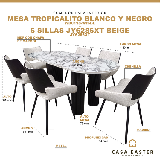 Comedor Tropicalito 1.8 M  blanco&negro + 6 sillas JY6286XT beige