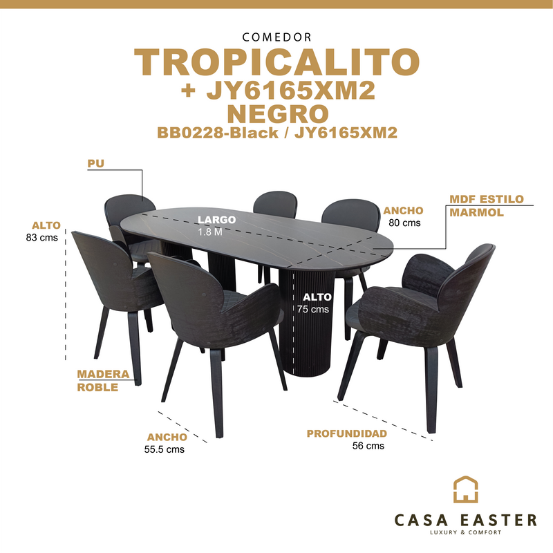 Cargue la imagen en el visor de la galería, Comedor Tropicalito negro 1.8 M + 6 sillas JY6165XM2