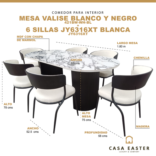 Comedor Valise 1.8 M  blanco&negro + 6 sillas JY6316XT color blanco