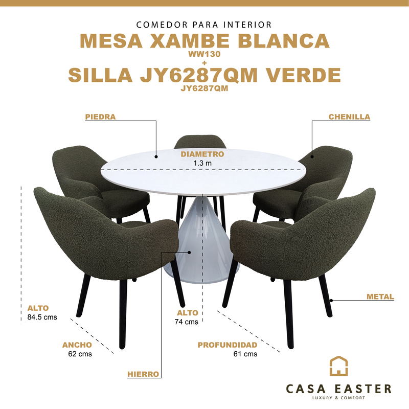 Cargue la imagen en el visor de la galería, Comedor redondo color blanco Xambe 1.3 M + 5 sillas JY6287QM color verde