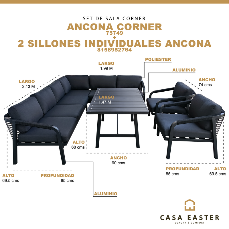 Cargue la imagen en el visor de la galería, Set Ancona Corner Luxury + 2 sillónes Ancona individual color Carbon