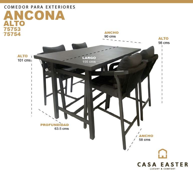 Cargue la imagen en el visor de la galería, Comedor de barra 1.55 M para Exterior o Jardin Ancona Color Carbon + 4 Silla Alta Ancona Color Carbon