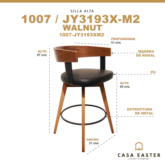 Silla alta de madera para Interior 1007 color café&negro - 1007-JY3193XM2