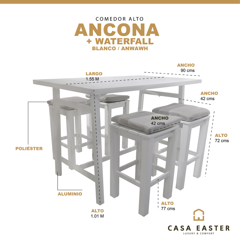 Cargue la imagen en el visor de la galería, Comedor Alto para interior y exterior Ancona + 4 bancos waterfall colo blanco - ANWAWH