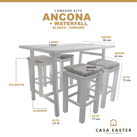 Comedor Alto para interior y exterior Ancona + 4 bancos waterfall colo blanco - ANWAWH