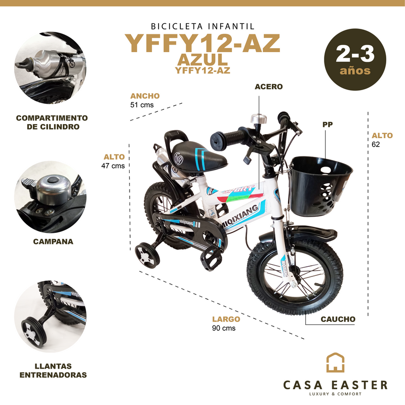 Cargue la imagen en el visor de la galería, Bicicleta Infantil de 12 Pulgadas color Azul - YFFY12-AZ