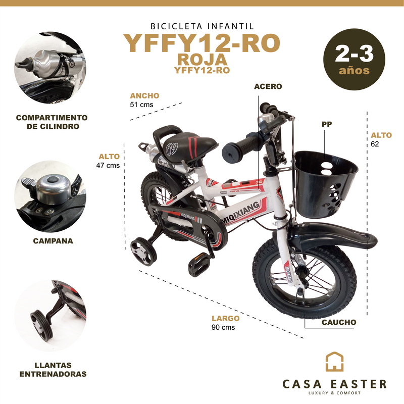 Cargue la imagen en el visor de la galería, Bicicleta Infantil de 12 Pulgadas color Roja - YFFY12-RO