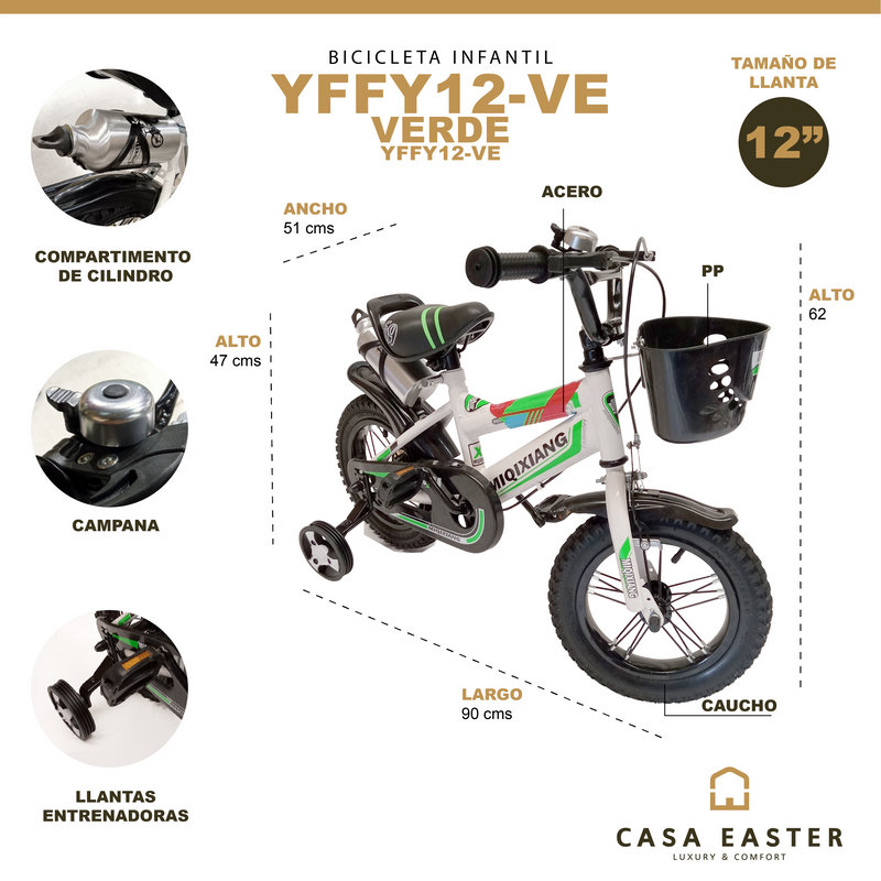 Cargue la imagen en el visor de la galería, Bicicleta Infantil de 12 Pulgadas Color Verde - YFFY12-VE