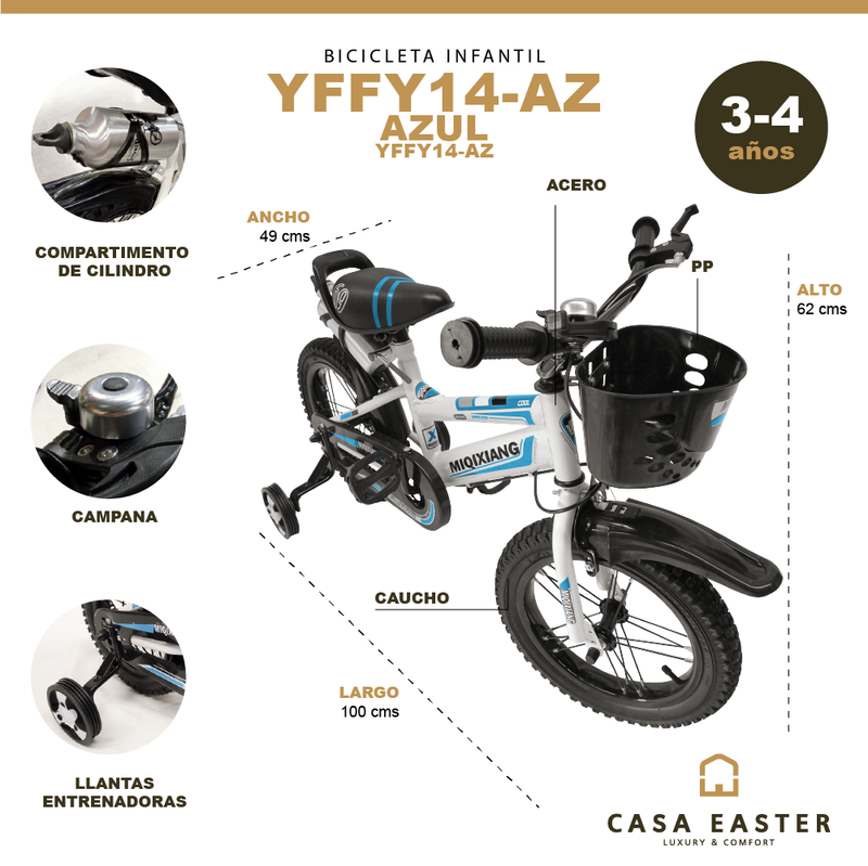 Cargue la imagen en el visor de la galería, Bicicleta infantil de 14 Pulgadas Color Azul - YFFY14-AZ
