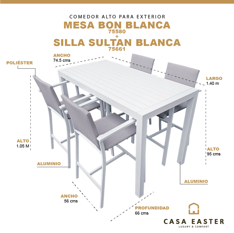 Cargue la imagen en el visor de la galería, Comedor Alto 1.4 M de aluminio Bon Blanca + 4 sillas Sultan Blancas