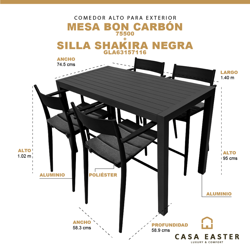 Cargue la imagen en el visor de la galería, Comedor Bon 1.4 M carbon + 4 sillas Shakira
