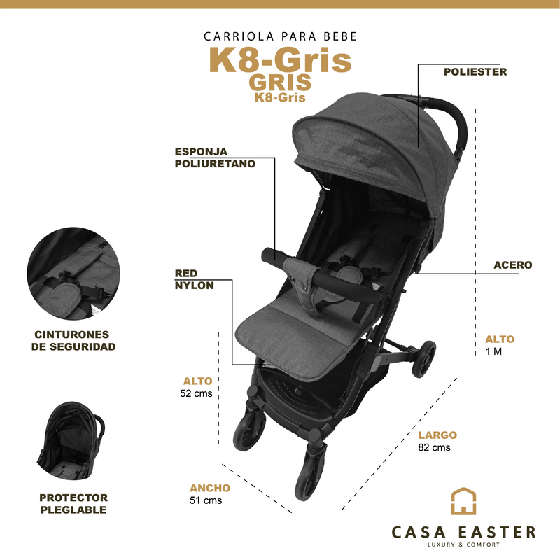 Cargue la imagen en el visor de la galería, Carriola Stroller para bebe color Gris - K8-Gris