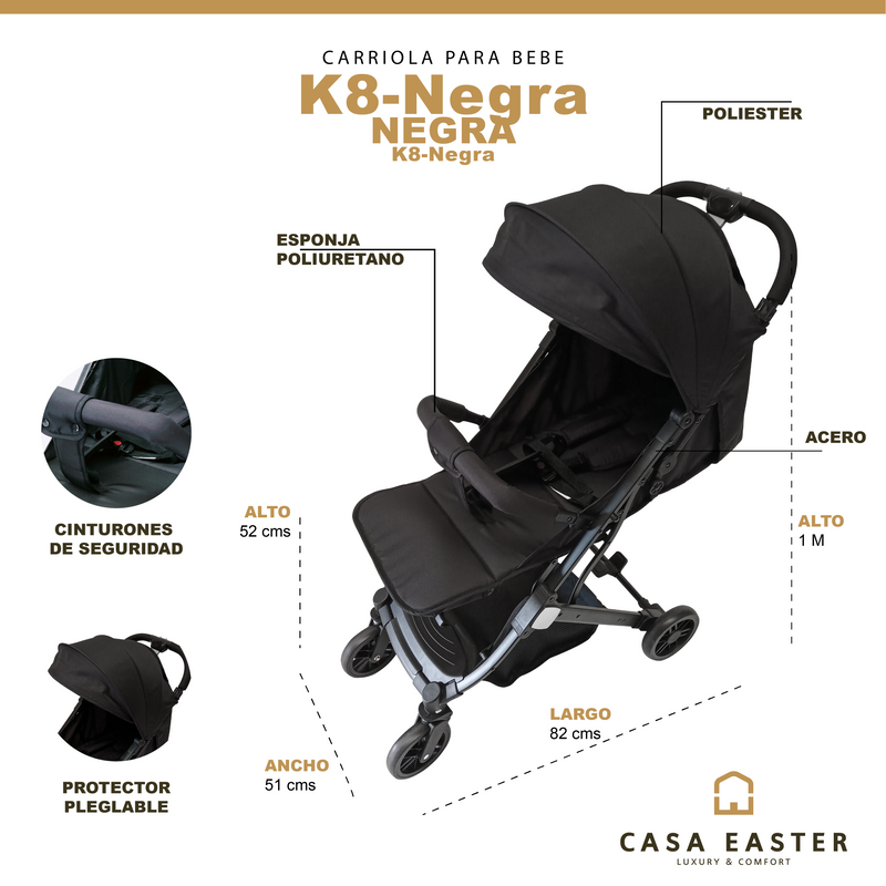 Cargue la imagen en el visor de la galería, Carriola Stroller para bebe color Negra - K8-Negra