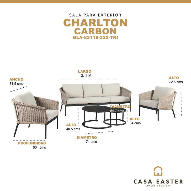 Cargue la imagen en el visor de la galería, Set para interior y exterior color Carbon Charlton + mesa moises carbón GLA-83119-322-TRI