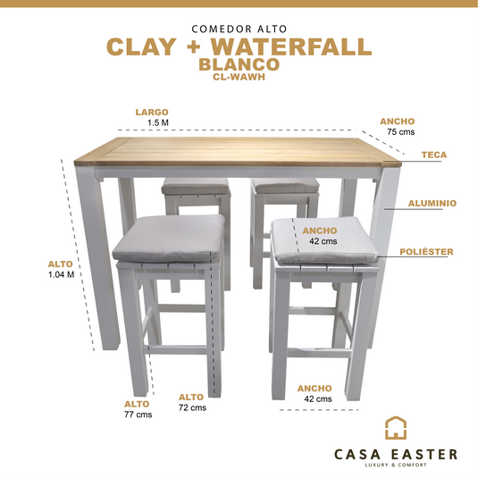 Comedor alto Clay 1.5 M+ 4 bancos Waterfall, color blanco - CL-WAWH