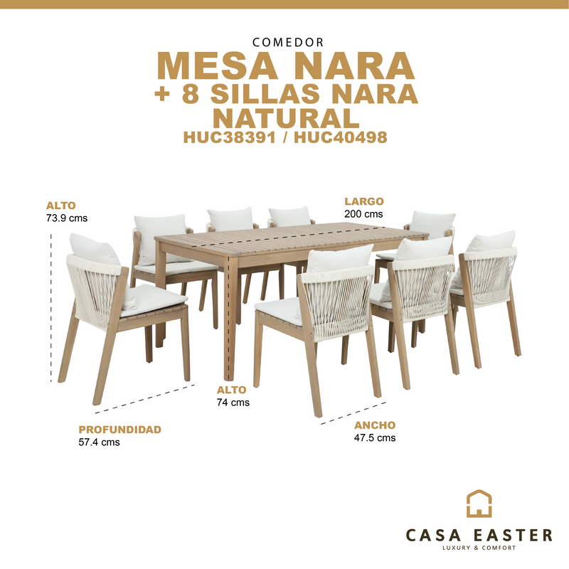 Cargue la imagen en el visor de la galería, Comedor de madera Nara 2 M + 8 sillas Nara color natural - HUC38391-NAT