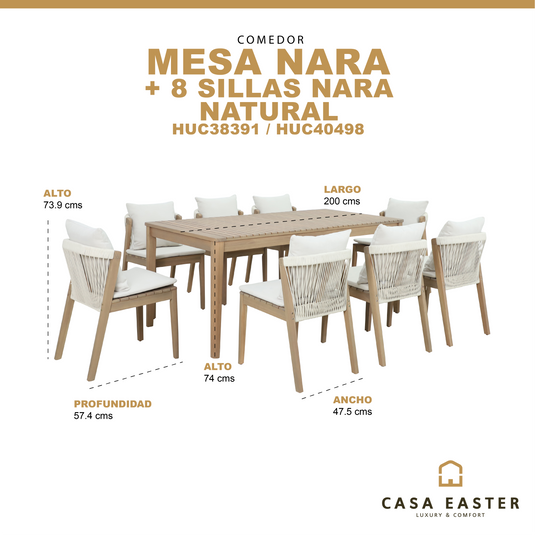 Comedor de madera Nara 2 M + 8 sillas Nara color natural - HUC38391-NAT