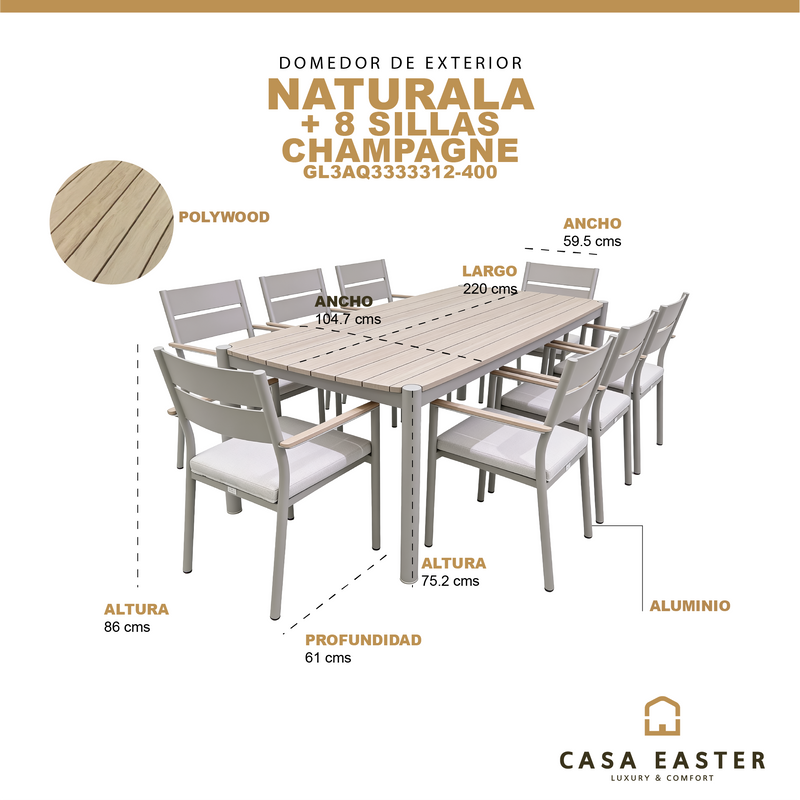 Cargue la imagen en el visor de la galería, Comedor Naturala + 8 silla naturala color champagne - GL3AQ3333312-400