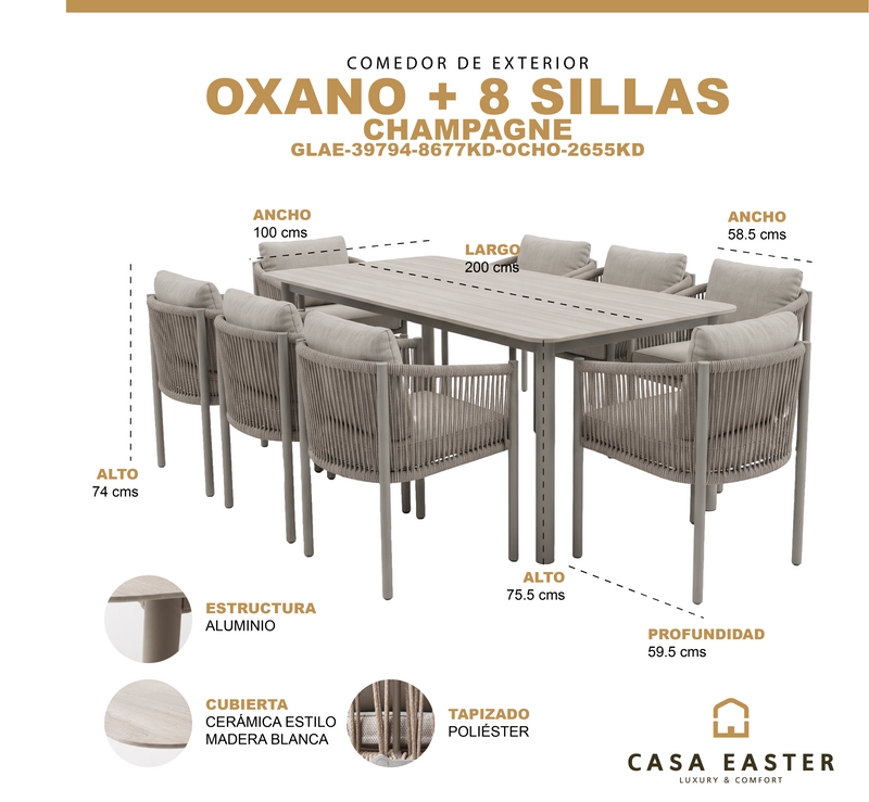 Cargue la imagen en el visor de la galería, Comedor Oxano 2M + 8 sillas Oxano color Champagne - GLAE-39794-8677KD-OCHO-2655KD