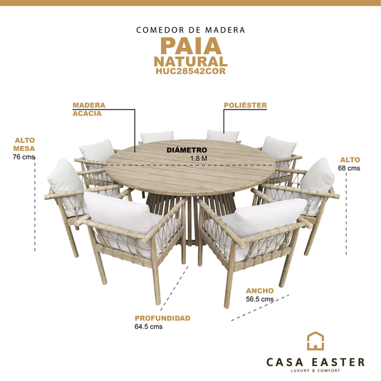 Comedor redondo 1.8 M  PAIA de madera + 8 sillas Paia , color natural - HUC28542COR