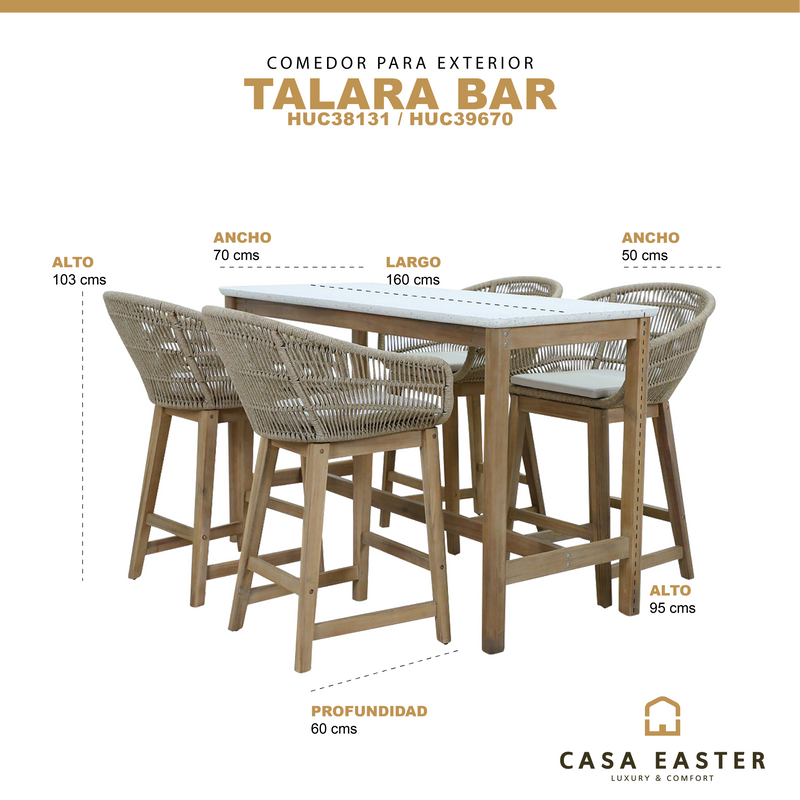 Cargue la imagen en el visor de la galería, Comedor de barra Alto 1.6 M para Exterior o Jardin Rectangular Talara Bar + 4 Sillas Alta Talara