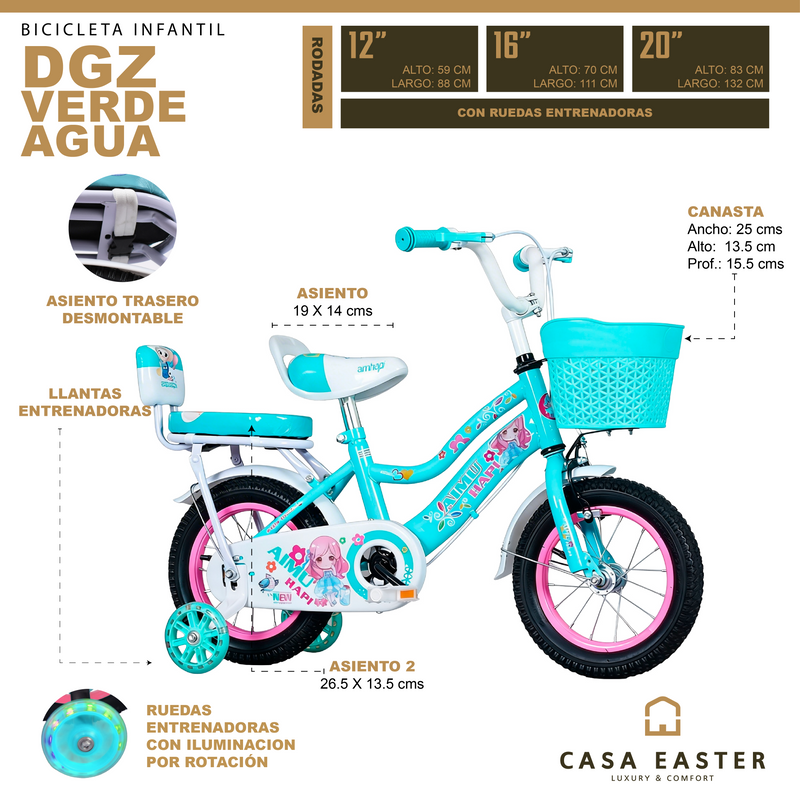 Cargue la imagen en el visor de la galería, Bicicleta infantil DGZ de 16" Color Verde Agua - 16DGZ-VE