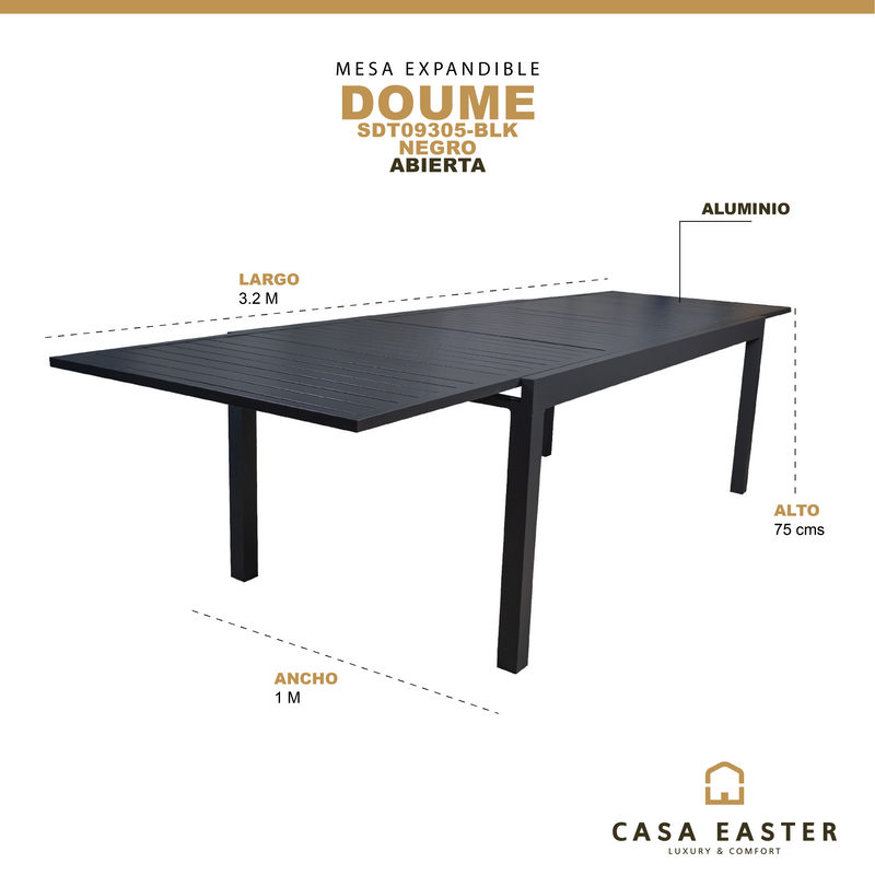 Cargue la imagen en el visor de la galería, Mesa de Comedor expandible 2 M / 3.2 M para interior y exterior de Aluminio Color Negra DOUME - SDT09305-BLK