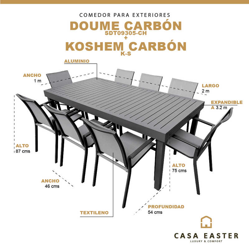 Cargue la imagen en el visor de la galería, Comedor de Aluminio color Carbon Doume 2 M / 3.2 M + 8 sillas Koshem color Carbon