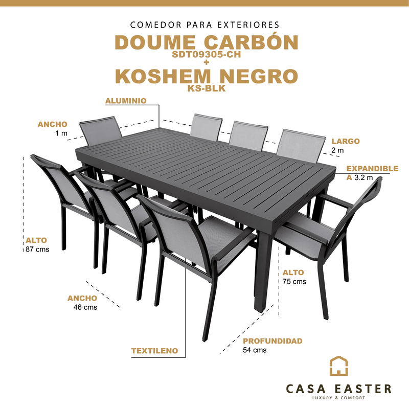 Cargue la imagen en el visor de la galería, Comedor de Aluminio Doume 2 M carbón / 3.2 M + 8 sillas Koshem color Negro