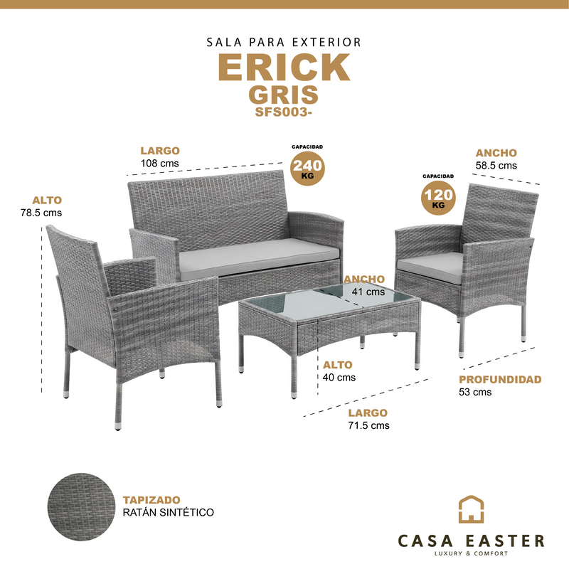 Cargue la imagen en el visor de la galería, Sala para Exterior e Interior de Rattan Color Gris ERICK-SFS003-