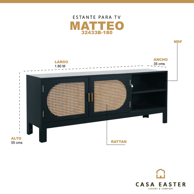 Cargue la imagen en el visor de la galería, Estante de TV, color chocolate con Rattan, Matteo- Mod: 32433B-180
