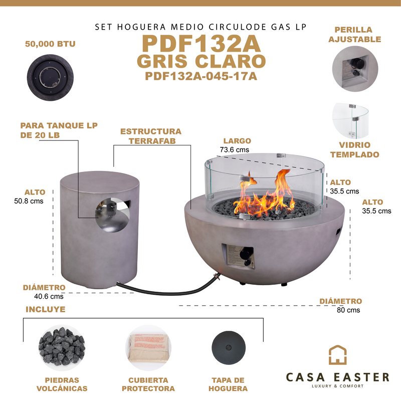 Cargue la imagen en el visor de la galería, Set Fogata en medio circulo de exterior de gas LP color gris claro con tapa de gas LP y parabrisas - PDF132A-045-17A