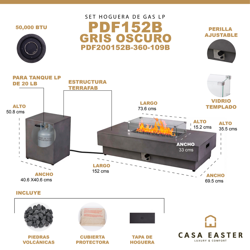 Cargue la imagen en el visor de la galería, Set Fogata rectangular de exterior de gas LP color gris oscuro con tapa de gas LP y parabrisas - PDF200152B-360-109B