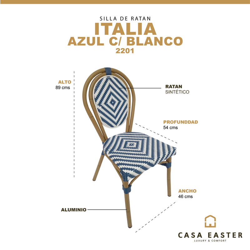 Cargue la imagen en el visor de la galería, Silla de Ratan para interior y exterior Italia 2201 Color Azul con Blanco - 2201