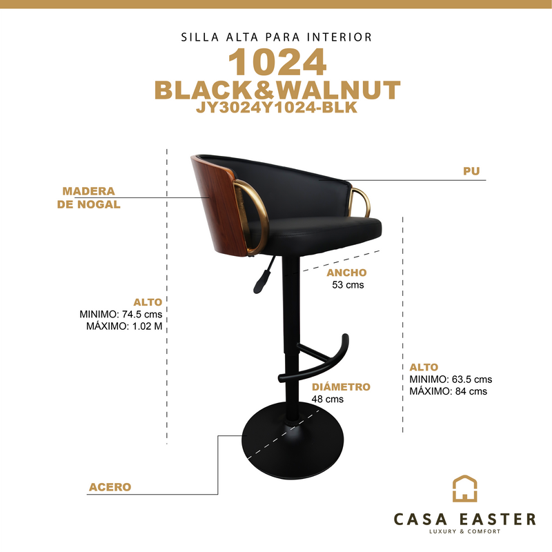 Cargue la imagen en el visor de la galería, Silla Alta de Barra 1024 JY3024Y para Interior Color Negro - JY3024Y / 1024