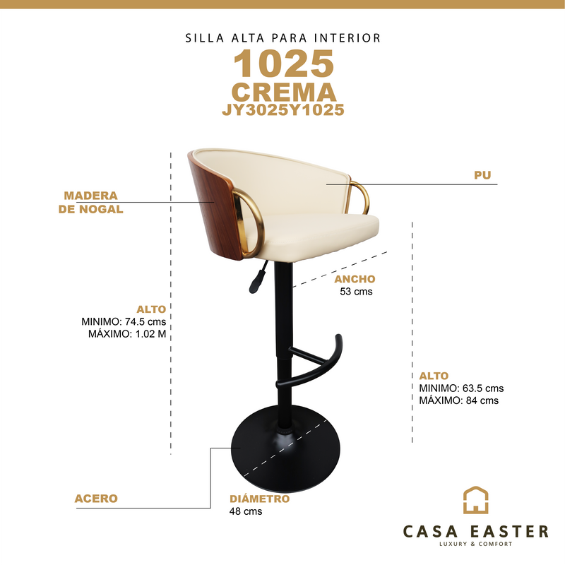 Cargue la imagen en el visor de la galería, Silla Alta de Barra 1025 JY3025Y para Interior Color Crema&walnut - JY3025Y / 1025
