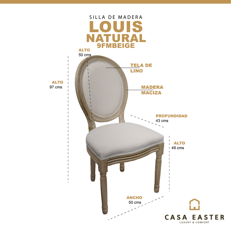 Cargue la imagen en el visor de la galería, Silla para Interior de Madera color Natural Louis Banquete - 9FMNAT