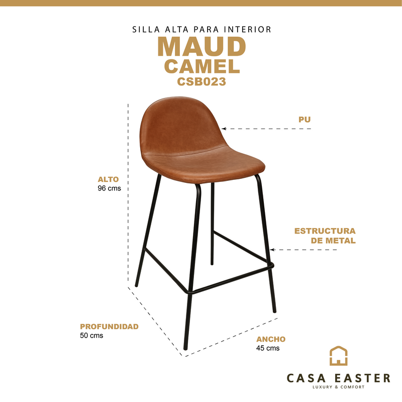 Cargue la imagen en el visor de la galería, Silla alta de bar Maud para interior color Camel - CSB023