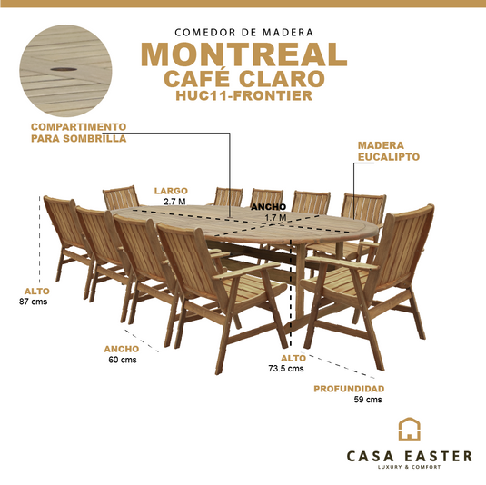 Comedor de Madera Montreal 2.7 M + 10 sillas Frontier color café - HUC11-FRONTIER