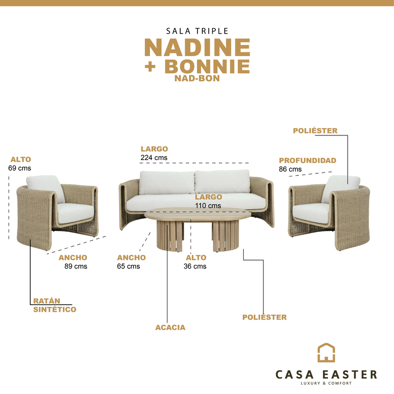 Load image into Gallery viewer, Set triple Nadine + mesa de centro Bonnie color natural - NAD-BON