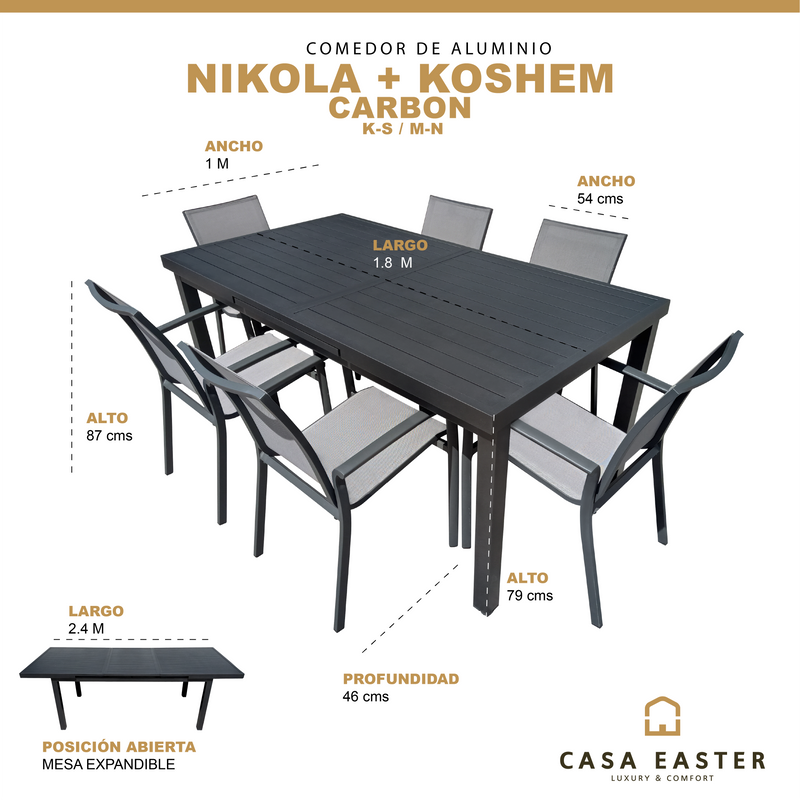 Cargue la imagen en el visor de la galería, Comedor Expandible de Aluminio Nikola Carbon 1.8 M / 2.4 M + 6 sillas sillas Koshem Carbon