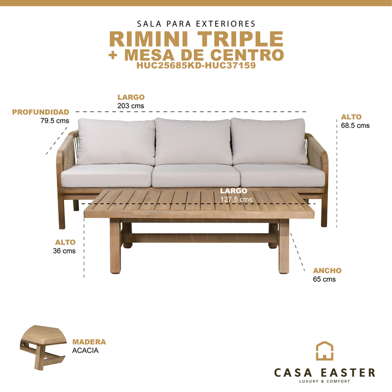 Cargue la imagen en el visor de la galería, Set Rimini triple + mesa de centro Rimini color natural - HUC25685KD-HUC37159