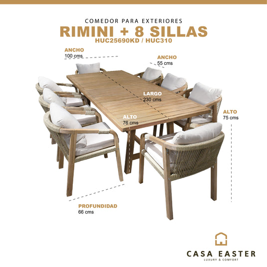 Comedor para Exterior o Jardin Rectangular Rimini + 8 sillas Rimini