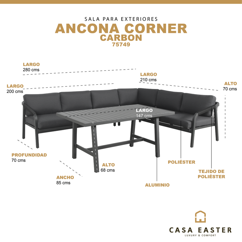 Cargue la imagen en el visor de la galería, Sala para Exterior e Interior de Aluminio Color Carbon ANCONA CORNER-CC-75749