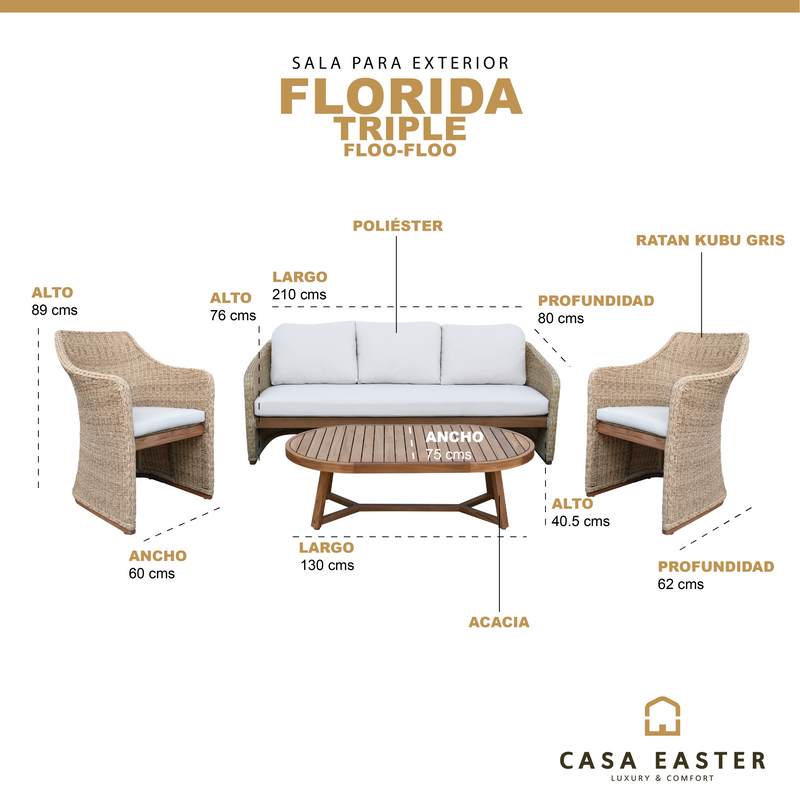 Cargue la imagen en el visor de la galería, Set triple Florida + 2 sillas florida color natural - FLOO-FLOO