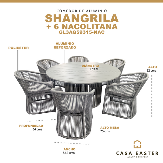 Comedor redondo Shangrila 1.53M de aluminio + 6 silas Nacolitana color gris - GL3AQ59315-NAC