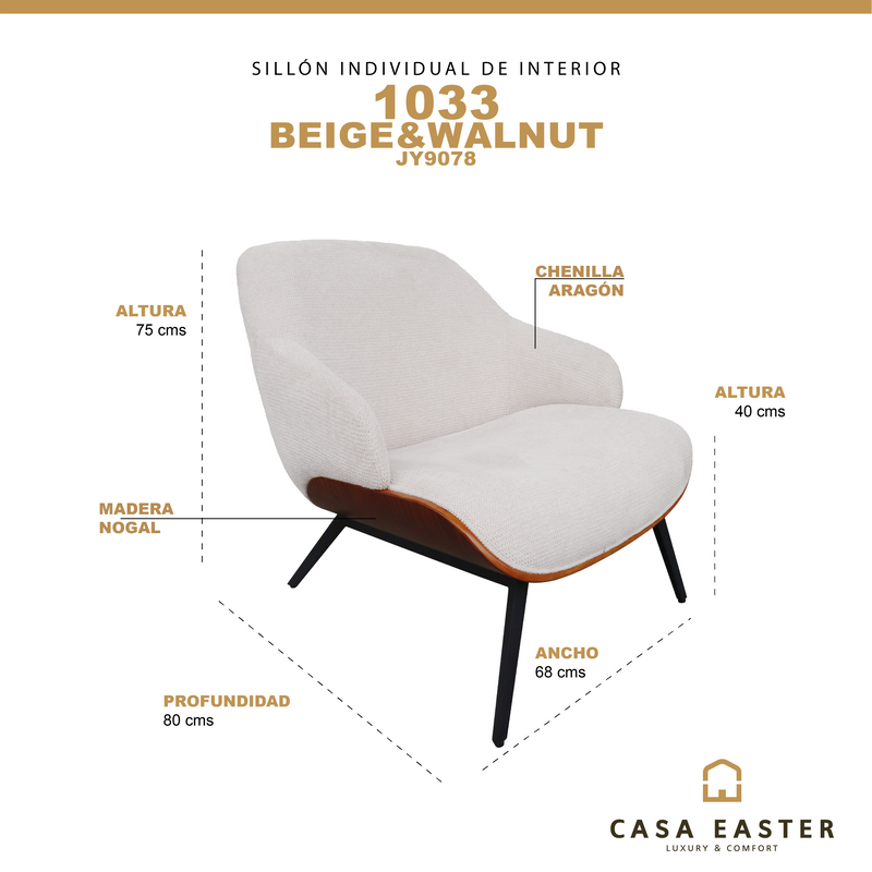 Cargue la imagen en el visor de la galería, Sillón individual de Interior JY9078 - 1033 color beige&walnut - JY9078 / 1033