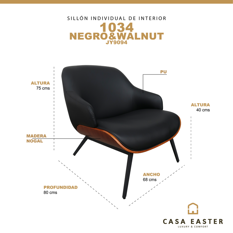 Cargue la imagen en el visor de la galería, Sillón individual de Interior JY9094 - 1034 color negro&walnut - JY9094 / 1034